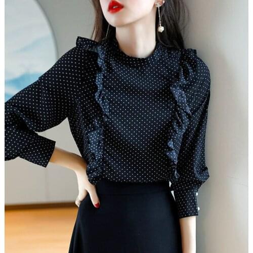 Blouse Women Autumn Long Sleeve round Neck Ruffled Polka Dot Chiffon Shirt for Women Blusas Mujer De Moda