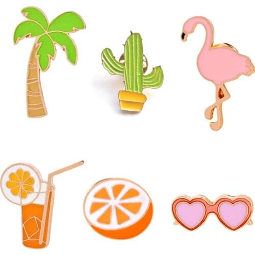 Flamingo Tree Cactus Enamel Pins Love Glasses Orange Juice Cartoon Brooches Denim Jackets Lapel Pin Button Badge Jewelry Gifts