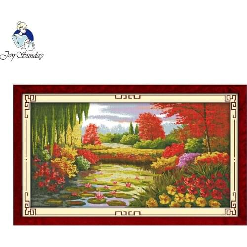 Joy Sunday Autumn Scene In Lotus Pond Counted Cross Stitch Set Print Cross Stitch DIY Cross Stitch Kit for Embroidery Needlework