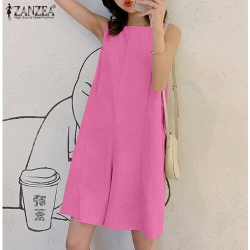 2021 ZANZEA Loose OL Overalls Summer Sleeveless Maxi Jumpsuits Women Solid O Neck Rompers Casual Short Wide Leg Playsuits Female