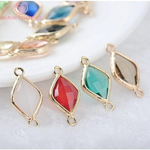 10PCS 23x11MM 24K Champagne Gold Color Brass and Glass 2 Holes Rhombus Shape Connect Charms Pendants Diy Jewelry Accessories
