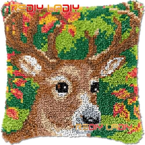 Latch Hook Cushion Forest Deer DIY Needlepoint Kits Chunky Acrylic Yarn Arts Crocheting Lofty Pillow Case Hobby & Crafts