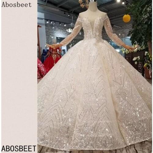 New Sequin Lace Ball Gown Wedding Dress 2021 Long Sleeve Wedding Gown Bridal Floor Lenght Sheer Neck Lace Up Back