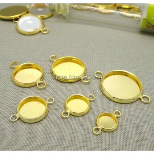Newly Arrival 200pcs Wholesale Gold Plated inner 10-20mm Cameo Setting Cabochons Tray with Two Connectors Pendant Blank