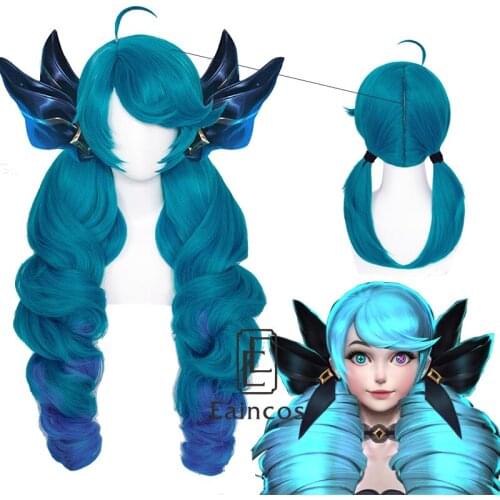 LOL Gwen Cosplay Wig Gradient Blue 83cm Long Ponytails Game Wig Halloween Synthetic Hair Heat Resistant Wigs