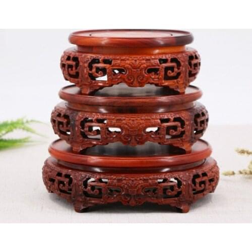 8.5-35cm Diameter Africa Acerbic Wood Pierced Vase Base Hand Carved Pattern Flower Vase Stone Teapot Mahogany Buddha Jade Base