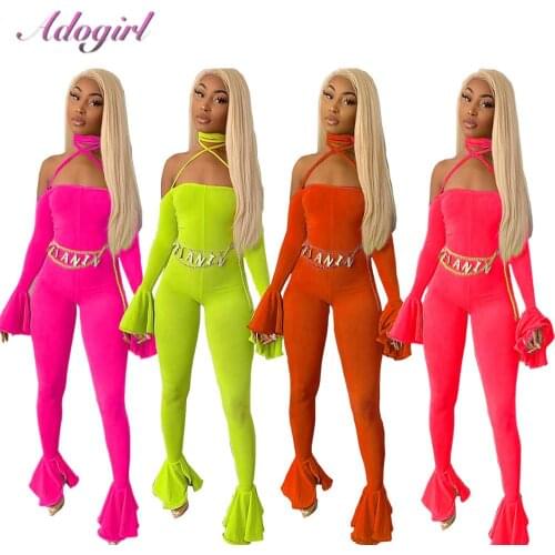 Sexy Ruffles Spliced Flare Jumpsuit Women Slash Neck Off Shoulder Long Flare Sleeve Backless Night Party Club Rompers Overalls