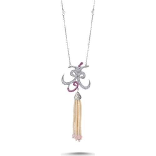 Silver 925 Sterling Majorca Pearl and Pink Quartz Tassels Zircon Cubic Zirconia Vav-Dervish Necklace