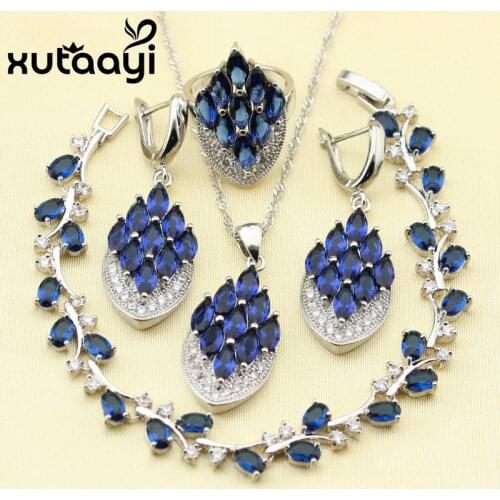 Blue Zircon White stones Sterling Silver colorcolor Four-Piece Jewelry Set For Women Earring Ring Necklace Pendant Bracelet