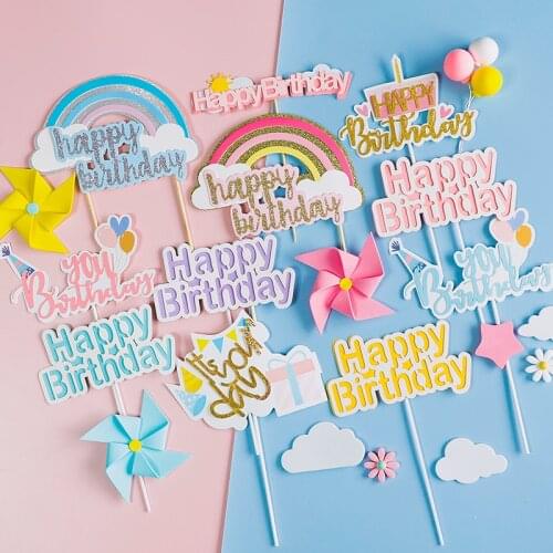 Baby Cake Topper Rainbow Star Windmill Flags Balloon color Birthday Happy Party For Kids oh Baby Girl CakeTopper Supplies