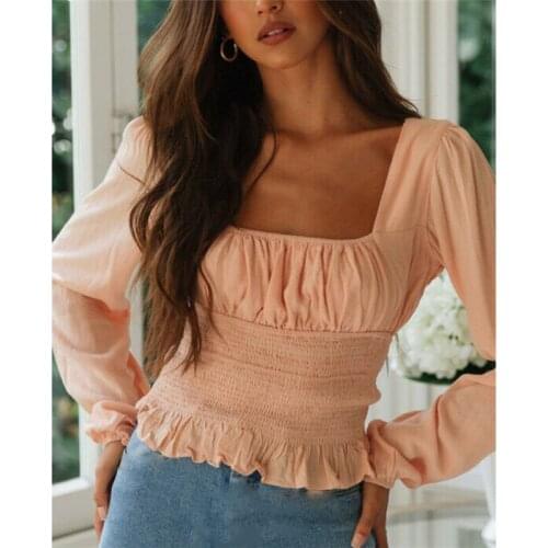 2019 Women Girls Square Collar Crop Tops Slim Fit Long Sleeve Ruffles Solid Shirts Fashion Women Bare Belly Blouse