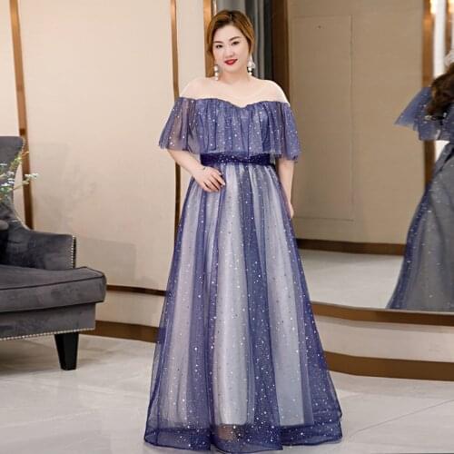 Evening Dresses A-line O-Neck Ruffles Short Sleeves Women Party Dress Floor-length Sequins Lace up Plus Size Formal Gowns D435
