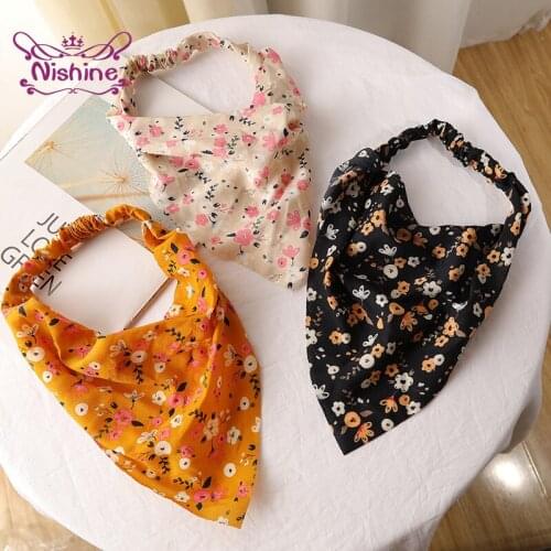 Nishine Vintage Flowers Pattern Triangular Elastic Hairband Fashion Print Women Turban Headband Girls Headwear Birthday Gifts
