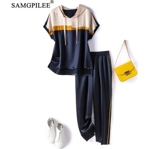 Summer Two Piece Sets For Women 2021 New Short Sleeve Casual Pullover Hooded Collar Elastic Waist Patchwork Plus Size Pant Suits