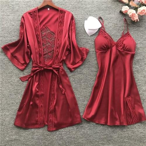 2020 Women Robe & Gown Sets Sexy Lace Sleep Lounge Set Pijama Half Sleeve Ladies Nightwear Bathrobe Night Dress With Chest Pads