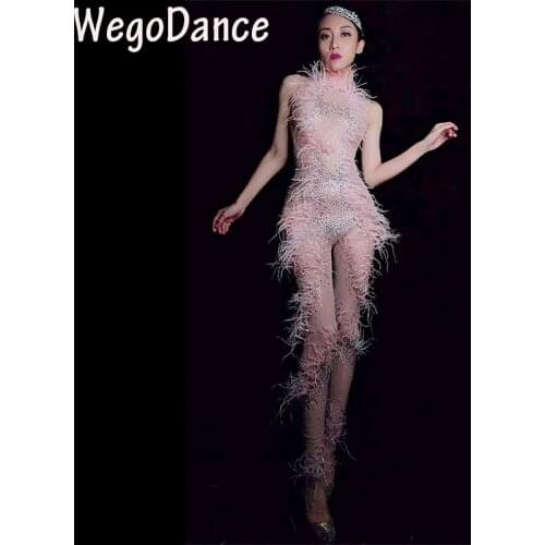 Hot sexy Pink Feather Perspective Mesh Jumpsuit Birthday Celebrate Bodysuit Women Singer Dancer See Through sexy dance costumes