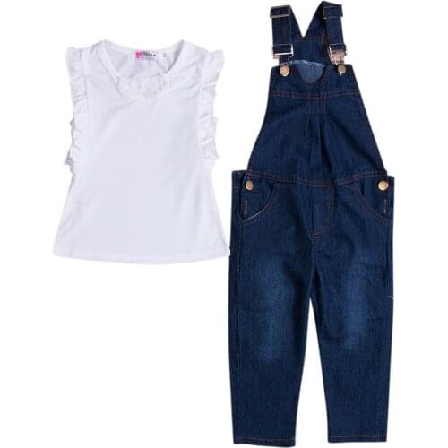 Vest Jeans Girl Summer Clothes Set Dungarees Vest Tops White Overalls Denim Sleeveless Outfits Children Clothes Fall