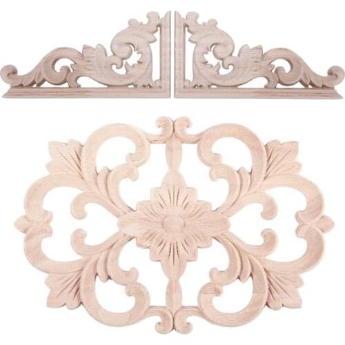 1X Rubber Wood Carved Onlay Applique(22X14cm) & 2Pcs Left+Right(Each 1Pcs) Wooden Carved Corner Onlay Furniture