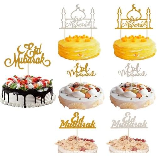 2pcs Eid Mubarak Cupcake Topper Gold Glitter Ramadan Cake Topper For Hajj Mubarak Cake Decorations Muslim Eid Baking Decor Flags