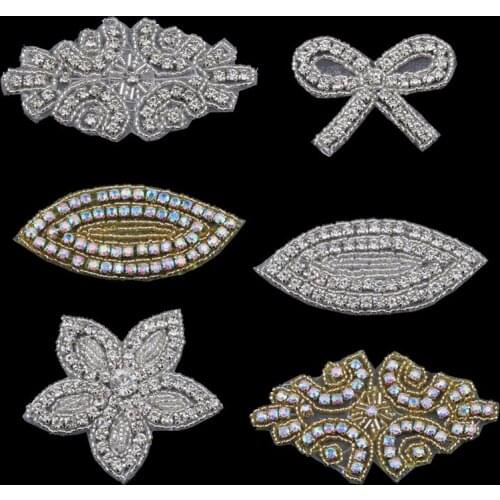 20PC Handmade Bling Beaded Rhinestone Applique Sew On Manual Flatback Crystal Flower Cloth Applique for Hair Accessories