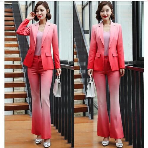 2019 Fashion gradient color professional wear long-sleeved suit wide-leg pants set decoration female hotel beauty salon overalls