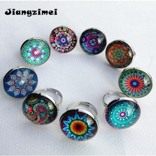 24pcs/lot(Mixed 12 models) Jiangzimei silver henna Bandanna Paisleyring Mandala Flower Art Glass finger ring