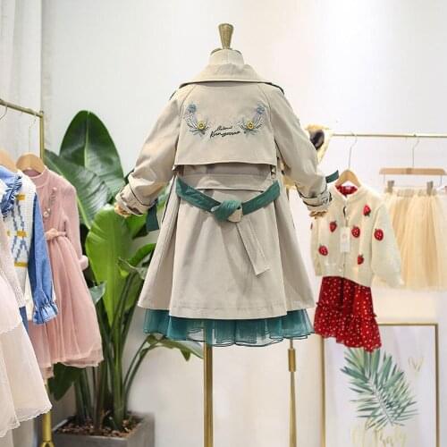 Childrens Windbreaker Contrast Color Spring Autumn Lapel Pointed Collar Embroidered Outerwear Mid-Length Girls Single-Breasted