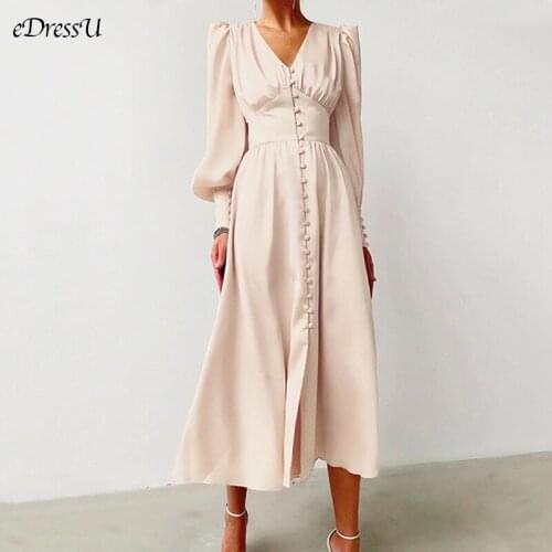 EDressU 2021 Stylish Woman Dress High Quality Satin Long Cocktail Party Dress Elegant Vintage Lantern Sleeves Office SJY-6899