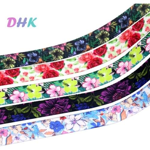 DHK 5/8'' 50yards Flower Printed Fold Elastic FOE Stretch Ribbon Hairbow Headwear Headband DIY OEM S1562