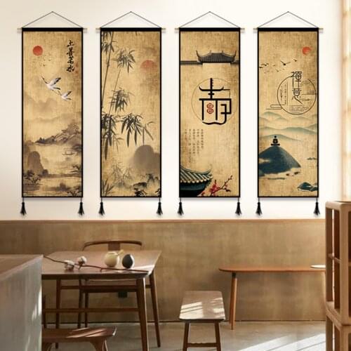 Chinese Style Ink Painting Landscape Canvas Decorative Painting Living Room Wall Art Poster Wood Scroll Wall Hanging Decor