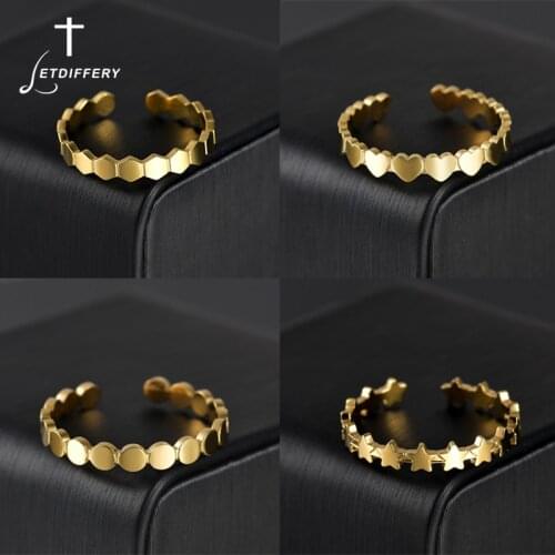 Letdiffery Elegant Stainless Steel Women Rings Gold Heart Star Geometric Shape Adjustable Ring Vintage Jewelry Birthday Gifts