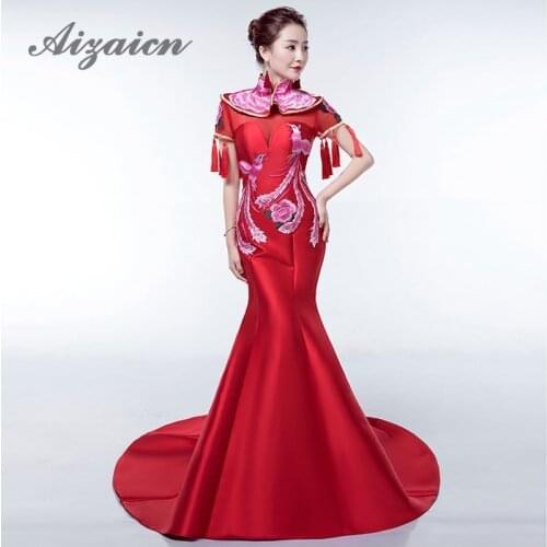 Red Mermaid Wedding Dress Cheongsam Satin Embroidery Phoenix Qipao Long Traditional Chinese Bride Tassel Oriental Evening Gown
