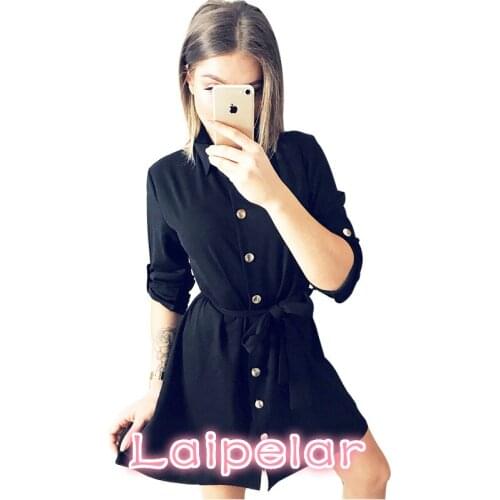 Laipelar Fashion Spring Women Shirt Dress Three Quarter Sleeve Black office Workwear Mini Dresses Female Casual Vestidos