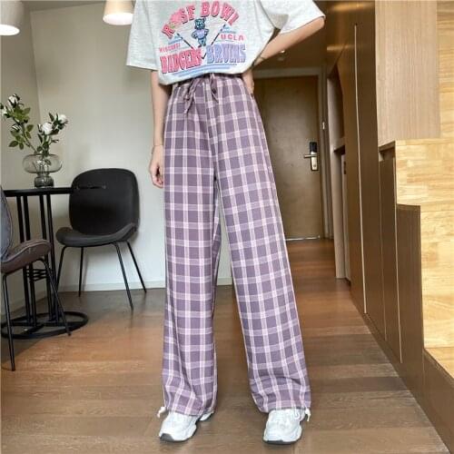 Summer new sweet pink plaid retro girl casual pants women wide leg trousers