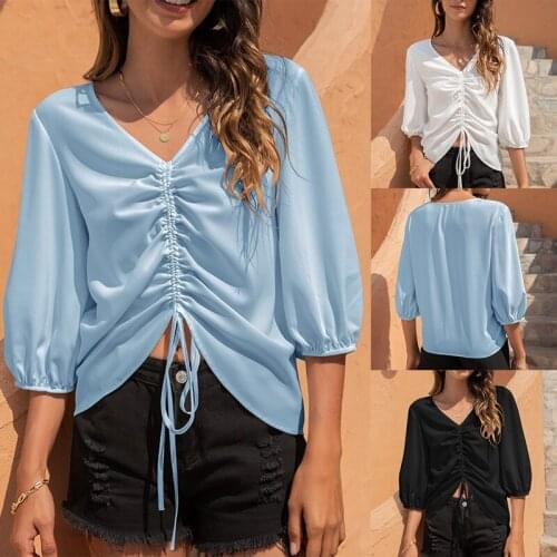 Summer Women Blouse V Neck Drawstring Casual Top Pullovers Blusas Shirt Female Elegant Beach Chiffon Blouses