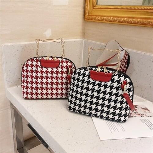 Fashion Plaid Pattern Messenger Bag Women Shell Shaped PU Woolen Splicing Shoulder Handbags Cat Shaped Handle Bags