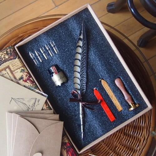 Deluxe Quill Copper Pheasant Feather Pen Set with 5 Nibs 1 Ink Stamper Sea Wax Calligraphy Wedding Gift Sign Dip Pen