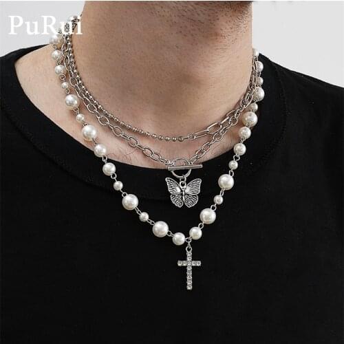Purui Men Butterfly Necklace 2Pcs/Set Gothic Cuban Chain Imiation Pearl Crystal Cross Pedant Choker Necklace for Women Charm