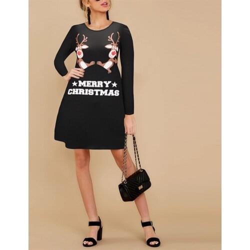 Christmas Print Dresses Women Winter Long Sleeve O-Neck Christmas Party Fashion Midi A-Line Black Cartoon Dress Femme Vestidos