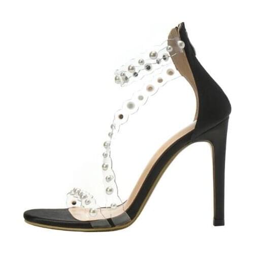 Drop Shipping Fashion Woman Summer Clear PVC Pearls Sandals Female Zipper Back Cover Heel Cross Stiletto Heels Sandals Shoes