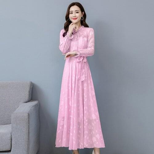 Korean version of large-size lotus leaf collar long-sleeved jacquifier chiffon dress temperament big swing long dress girl