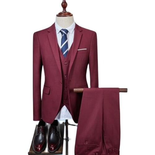 High-end Boutique Fashion Groom Wedding Dress Solid Color Suit 3 Pces Set Stage Performance Tuxedo Mens Formal Business Suit