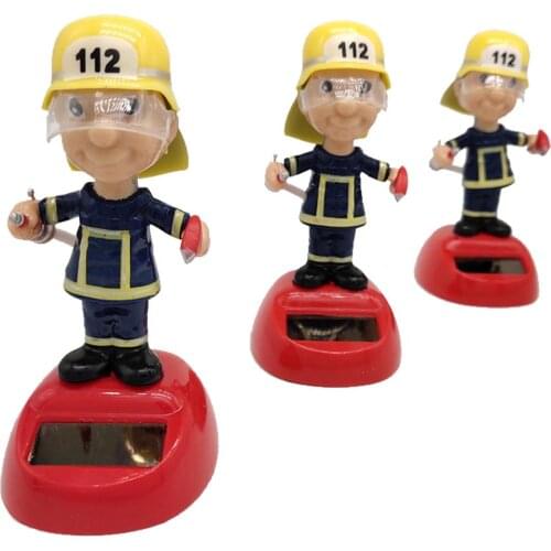 Car Decor Funny Solar Firefighter Shaking Head Toys Car Ornaments Bobblehead Dolls Cartoon Auto Car Interior Decoration