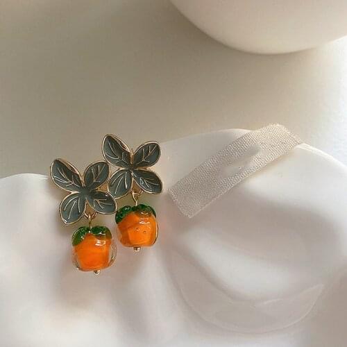 Minar Unique Design Enamel Resin Persimmon Drop Earrings for Women Creative Green Leaves Hanging Dangle Earrings Cute Jewelry