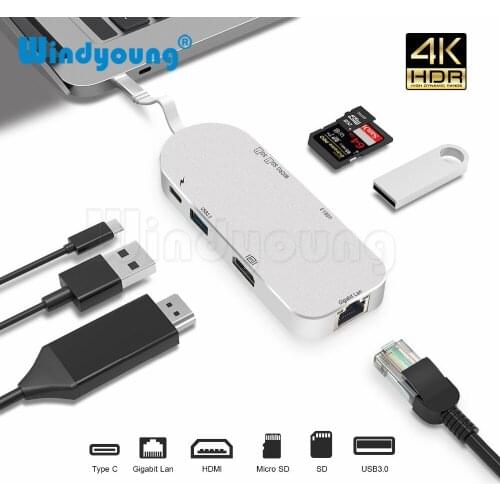 7 in 1 USB-C USB 3.1 Type C HUB to HDMI 4K 1000M Rj45 Gigabit Ethernet SD/TF Card Reader USB3.0 Hub with Type C PD Charging Port