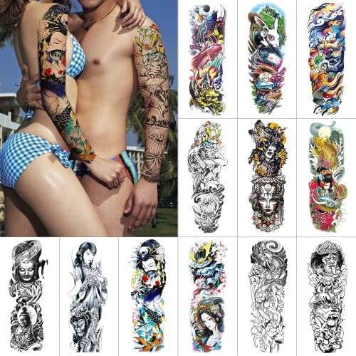 Full arm temporary tattoo sticker 2 slices for Couples Flower buddha owl Waterproof fake tattoo Plus size long tattoo