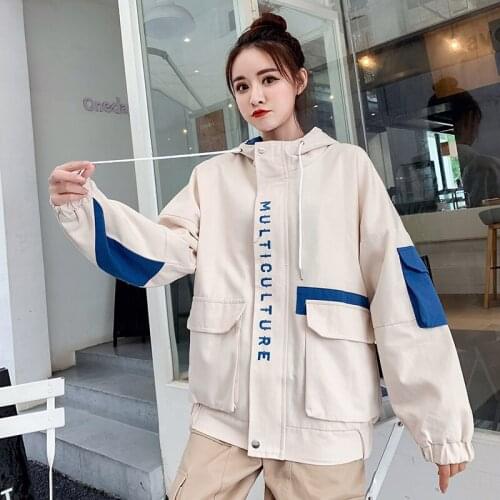 Merry Pretty Women Letter Embroidery Contrast Color Basic Jackets 2020 Winter Long Sleeve Pockets Hooded Jacket Casual Outerwear