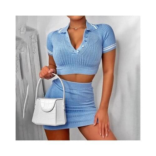 Womens Summer Short Sleeve Skirt Suit Sexy Two Piece Open Navel Sweater Yoga Suit Outdoor Vacation Solid Tight Suits