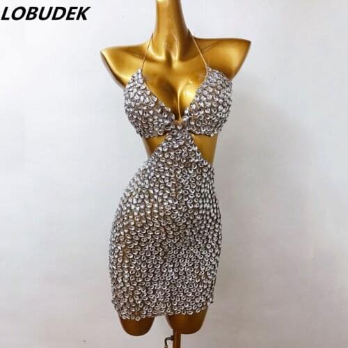 Big Rhinestones Backless Halter Bar Mini Dress Women Sexy Fashion Birthday Celebrate Crystal Stones Outfits Singer Stage Costume