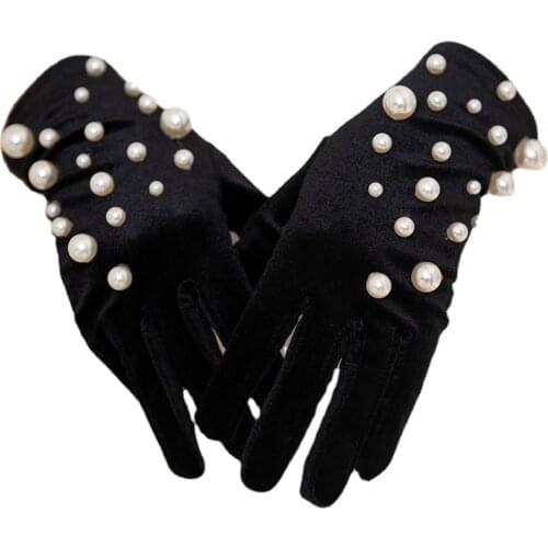 Women Wedding Dress Photography Short Black Golden Velvet Pearl Photo Glove Winter Full Finger Cycling Driving Warm Mitten M90